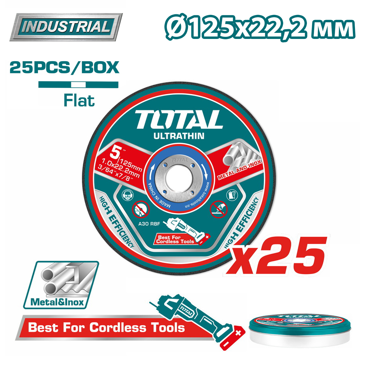 Круг отрезной 125x1,0x22,2 мм по нержавеющей стали TOTAL TAC21012525 (25 шт)