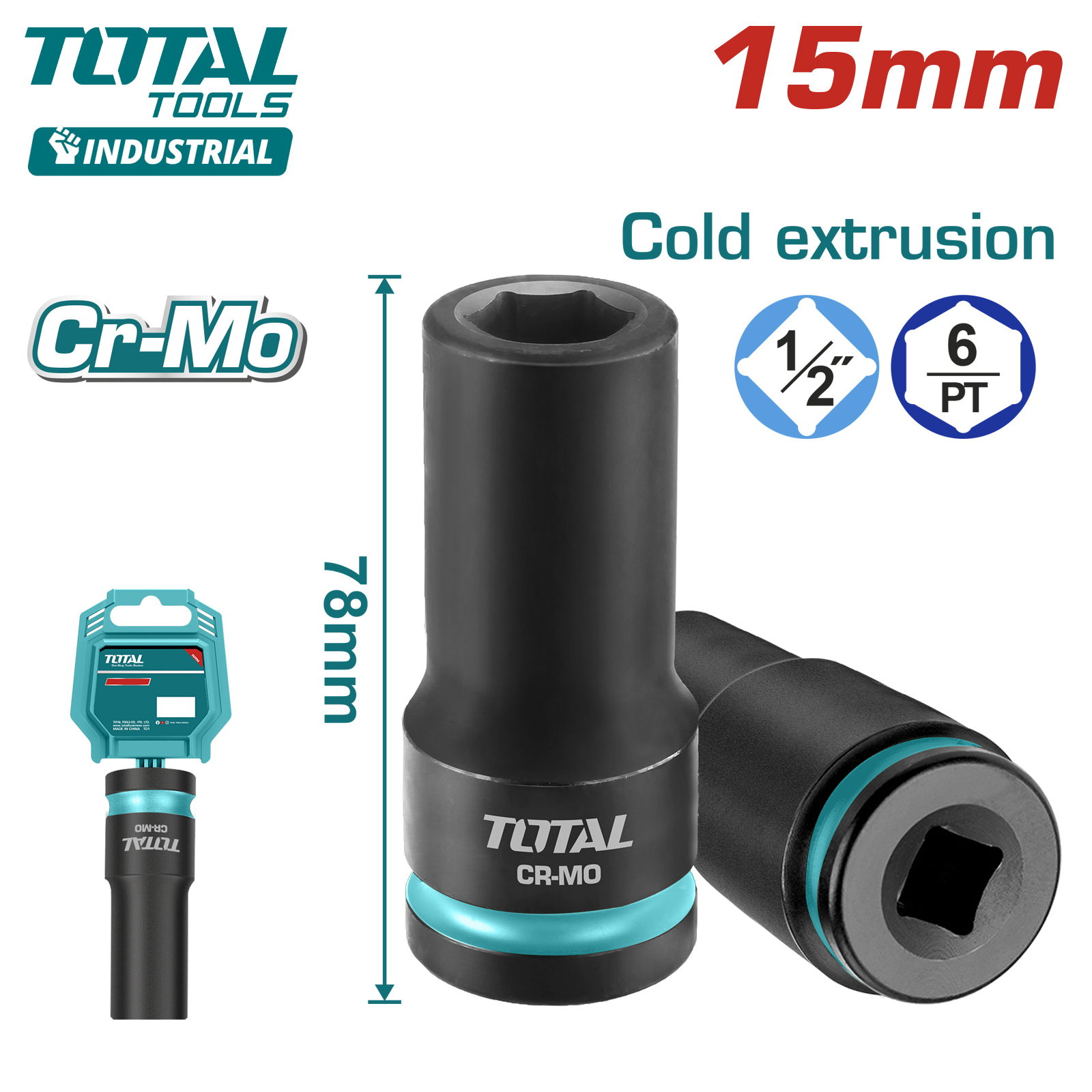 Торцевая головка удлиненная ударная 1/2 " 15 мм TOTAL THDIS12152L
