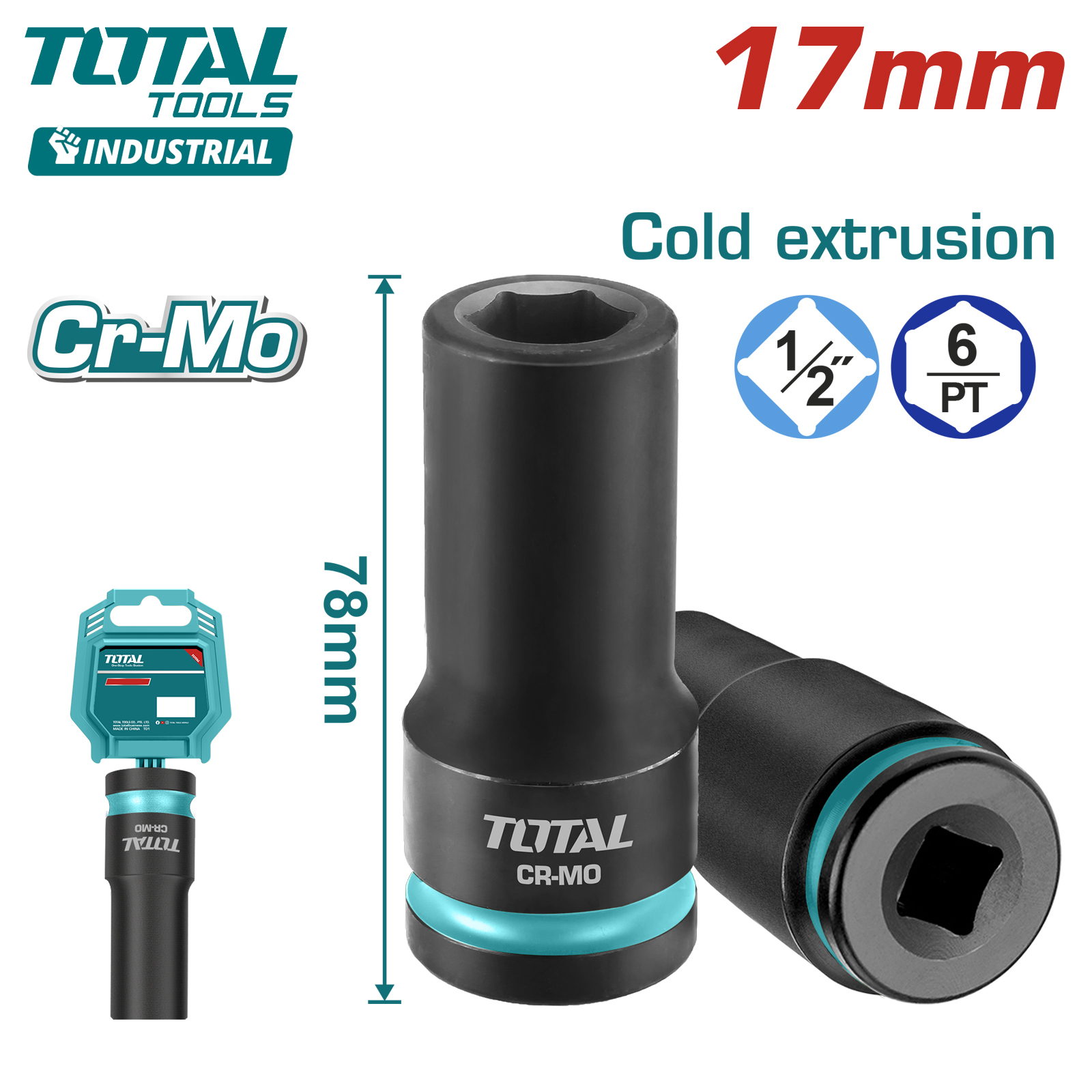 Торцевая головка удлиненная ударная 1/2 " 17 мм TOTAL THDIS12172L