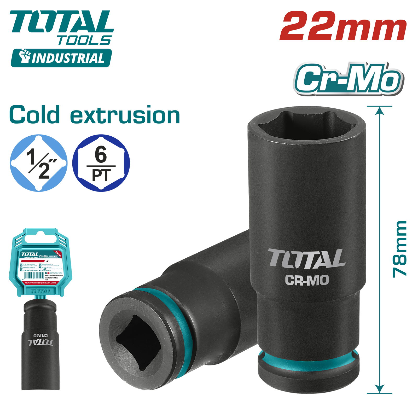 Торцевая головка удлиненная ударная 1/2 " 22 мм TOTAL THDIS12222L