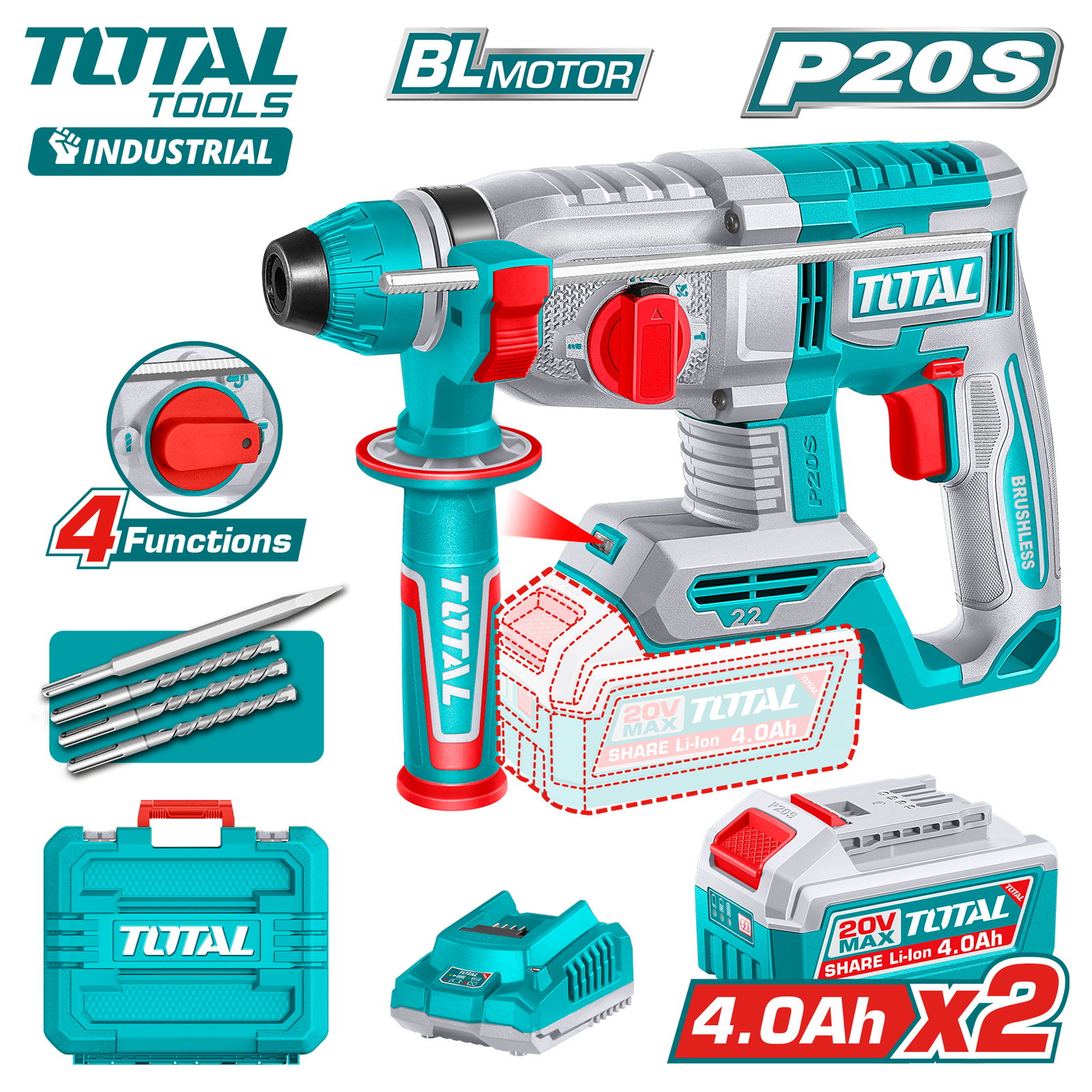 Перфоратор аккумуляторный TOTAL TRHLI212282